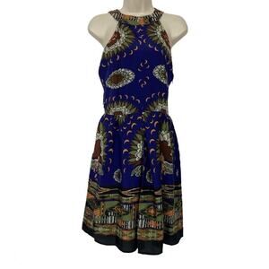 Miss Me Couture Dress S Womens Sleeveless Satin High Neck Blue Floral Sheer Back